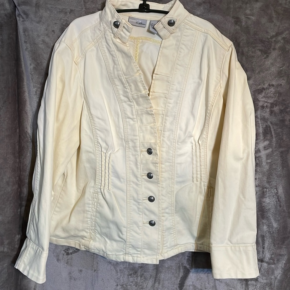 Chico’s Platinum Denim Jacket Size 3 (16) 4 Button Front Closure Pale Yellow